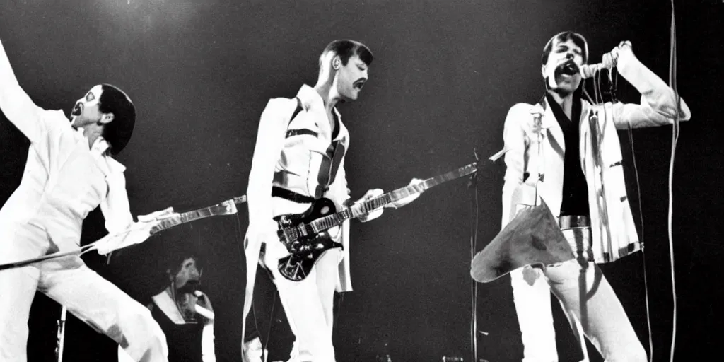 Image similar to freddie mercury and david bowie perform together on stage at a music festival