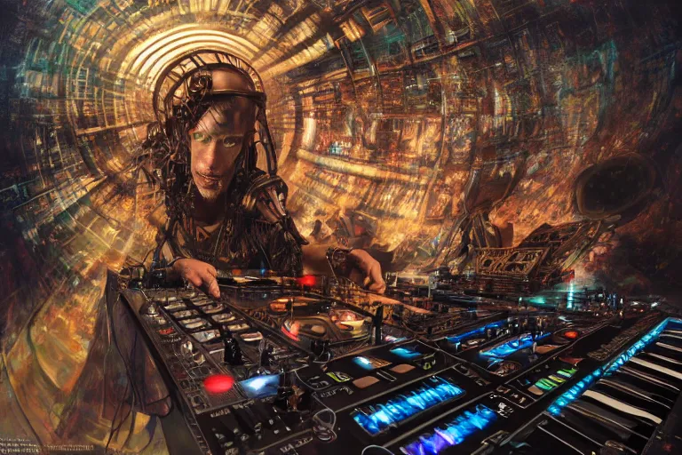 Image similar to a fisheye lens photo of a post apocalyptic tribal cyborg dj tweaking and playing synthesizers in the most complicated and technical spiral fractal musical studio, powerful, cinematic, beautifully lit, by donato giancola, by artgerm, by karol bak, 3 d, perfect face and body, trending on artstation, octane render, 8 k