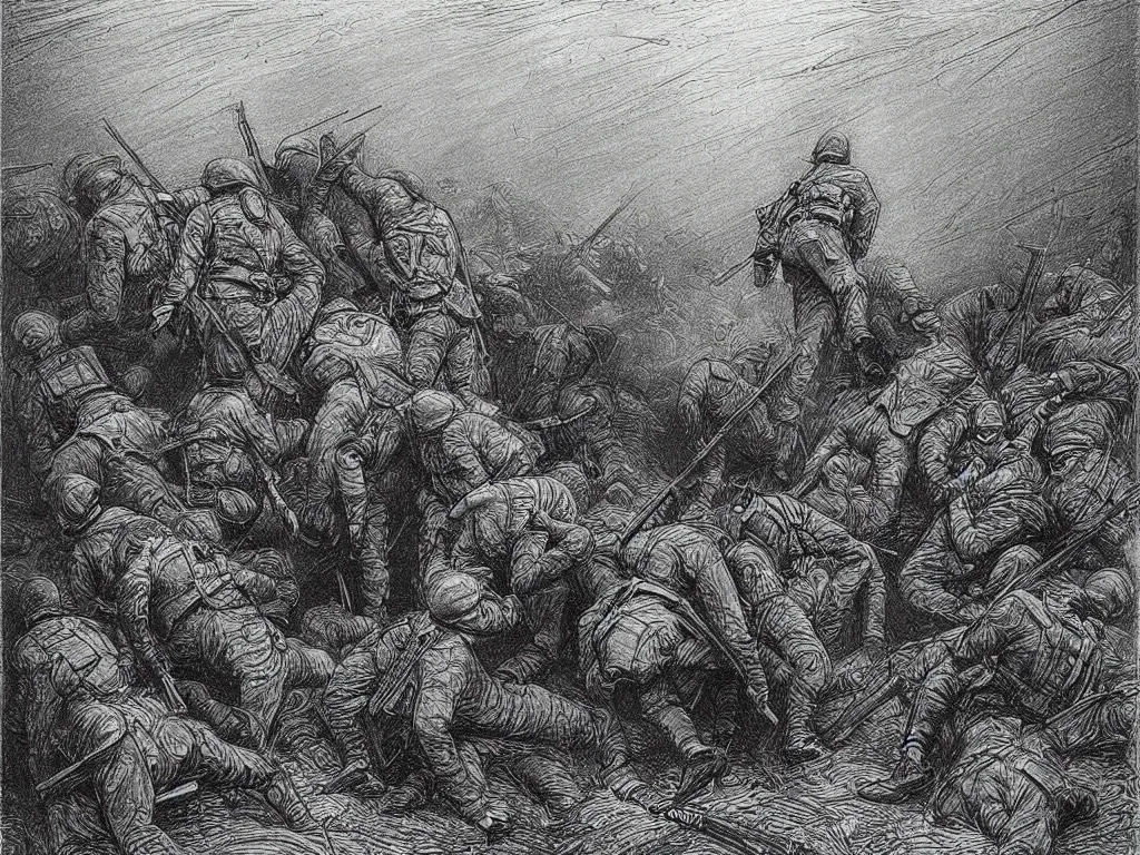 Prompt: drawing from the trenches of the first world war. Artwork by Gustave Dore