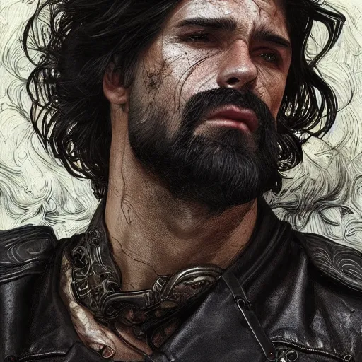 Image similar to Portrait of rugged scarred muscular man with stubble beard wearing a black leather jacket, waist high, intricate, wild, highly detailed, digital painting, artstation, concept art, smooth, sharp focus, illustration, art by artgerm and greg rutkowski and alphonse mucha