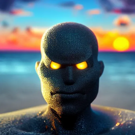 Prompt: a closeup photorealistic photograph of a shadow face staring at a beatiful sunset on the beach, fantastic four theme. bright scene. fine detail. this 4 k hd image is trending on artstation, featured on behance, well - rendered, extra crisp, features intricate detail, epic composition and the style of unreal engine.