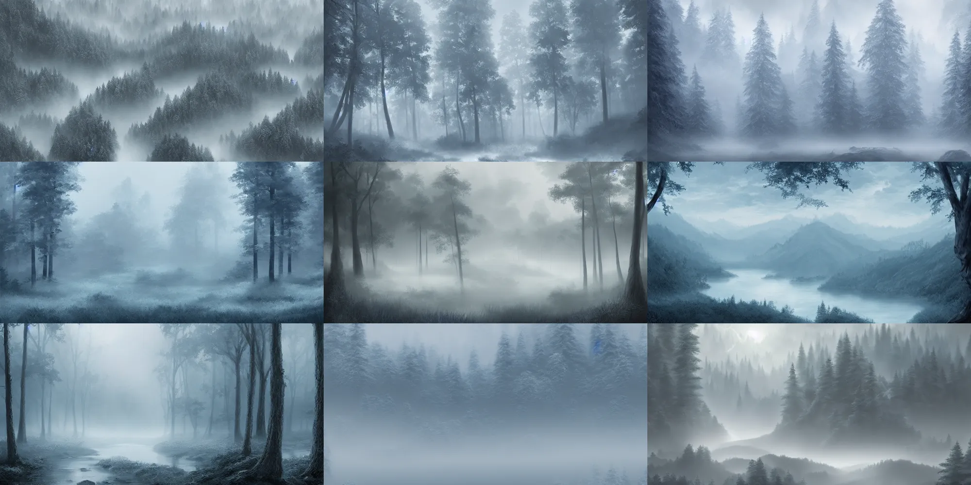 Prompt: award - winning white to blue highly detailed perfectly defined digital art misty landscape forest mountainous trending on artstation