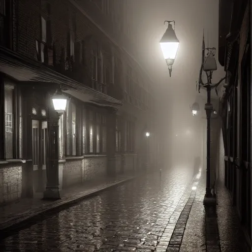 Image similar to victorian city street, dark, misty, at night, 8 k, detailed, concept art, trending on artstation