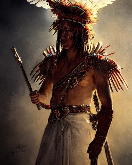 Prompt: a tupi guarani warrior with angelic wings, by tsuyoshi nagano, by greg rutkowski, dramatic lighting, blood, god rays, angelical, symmetrical, intricate, detailed, cinematic, masterpiece, extreme details, volumetric light