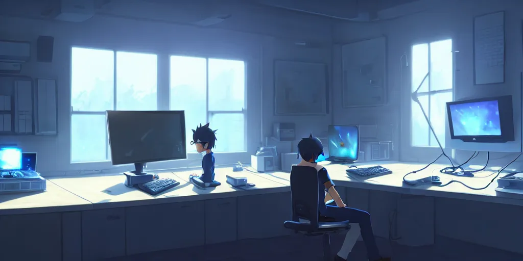 Image similar to a nerdy boy is programming at a computer in a room full of gadgets, by makoto shinkai and ghibli studio, dramatic lighting, highly detailed, incredible quality, trending on artstation