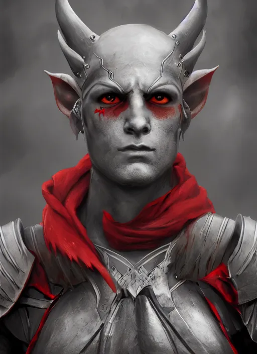 Image similar to A fantasy comic book style portrait painting of a grey elf with red eyes as a warrior in a atmospheric dark fortress, unreal 5, DAZ, hyperrealistic, octane render, RPG portrait, ambient light, dynamic lighting