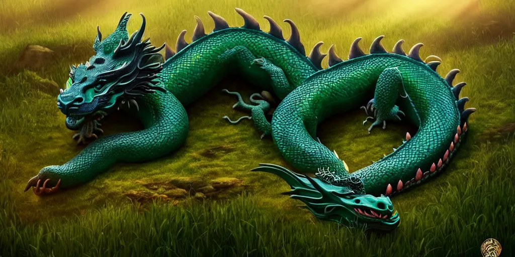 Prompt: hyperrealist sleeping jade dragon in a meadow and people worshiping the jade dragon. by ciruelo cabral, fantasy art, photo realistic, dynamic lighting, artstation, poster, volumetric lighting, very detailed faces, 4 k, award winning