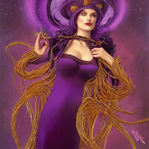 Image similar to portrait of a purple witch with golden embroidery, by gerald brom.