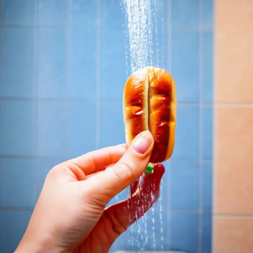 Prompt: eating a hotdog in the shower