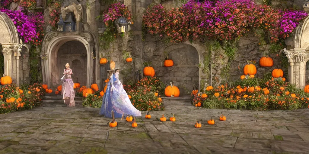 Image similar to fairytale princess entering the gates of her majestic palace of flowers with horse carriage made of pumpkins epic scene unreal render hyperrealistic detail Star Wars