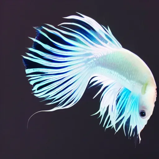 Image similar to a swirling iridescent white betta fish with long swirling fins, black-water-background