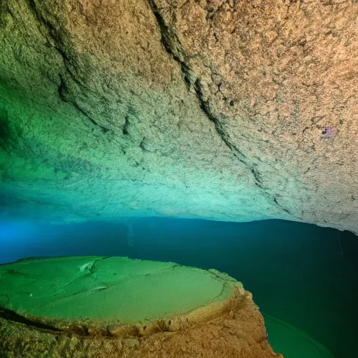 Image similar to photo of dangerous dark depths of an ancient underwater cave liminal