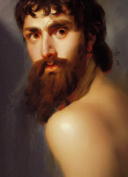 Prompt: extreme close up portrait of an ancient greek, by ilya kuvshinov, by thomas lawrence, by bayard wu, symmetrical