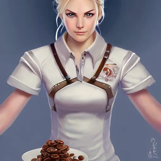 Image similar to epic portrait an beautiful waitress in a white uniform and short sleeves carriyng coffee, front facing symmetrical centered painted portrait, just one head, Elisha Cuthbert as a D&D Paladin, RPG character avatar, Blizzard concept art, pixar, dreamworks, global illumination lighting, trending on artstation, by lois van baarle, ilya kuvshinov, rossdraws