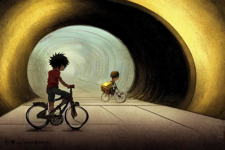 Prompt: a boy riding his bike alone through a long tunnel, high intricate details, rule of thirds, golden ratio, cinematic light, anime style, graphic novel by fiona staples and dustin nguyen, by beaststars and orange, peter elson, alan bean, studio ghibli, makoto shinkai