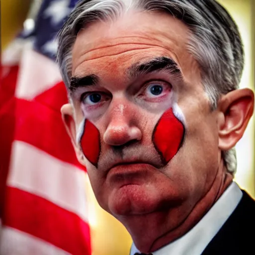 Image similar to Jerome Powell with colorful clown makeup all over his face