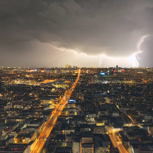 Image similar to detailed 4 k photorealistic aerial view, city, dynamic lightning, some car, some people, rain, from drone in the style of nick ut and eddie adams and margaret bourke and yousuf karshs and alfred eisenstaedt