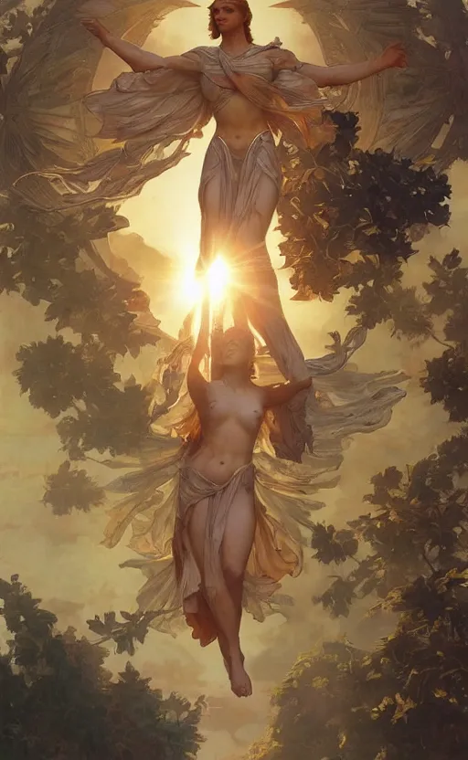 Image similar to solarpunk four armed statue of the goddess of the sun helios descending from olympus, artstation, concept art, smooth, sharp focus, illustration, art by artgerm and greg rutkowski and alphonse mucha and william adolphe bouguereau and john william waterhouse and gianlorenzo bernini