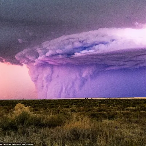 Prompt: West Texas storm chaser Laura Rowe captured the picture of a lifetime, fantastic shot of a mature supercell thunderstorm, illuminated at varying heights from the setting sun.