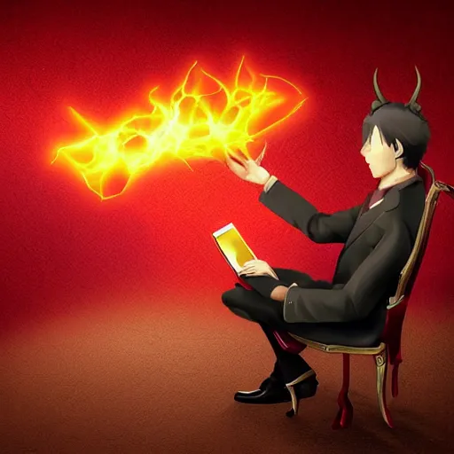 Image similar to a demon programmer gentleman ~ using a laptop ~ lava background ~ digital art ~ two horns ~ sitting on a chair ~, 4 k, ultra hd