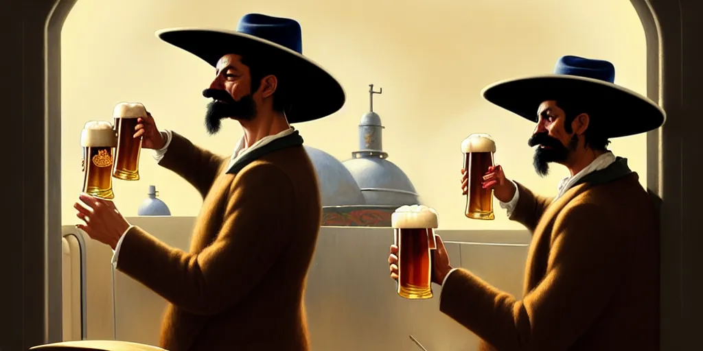 Prompt: a illustration of a mexican man with hat drinking a beer on train station, fantasy, intricate, elegant, highly detailed, digital painting, artstation, concept art, matte, sharp focus, art by aenaluck and roberto ferri and greg rutkowski, epic, juan caloto, juice ipa