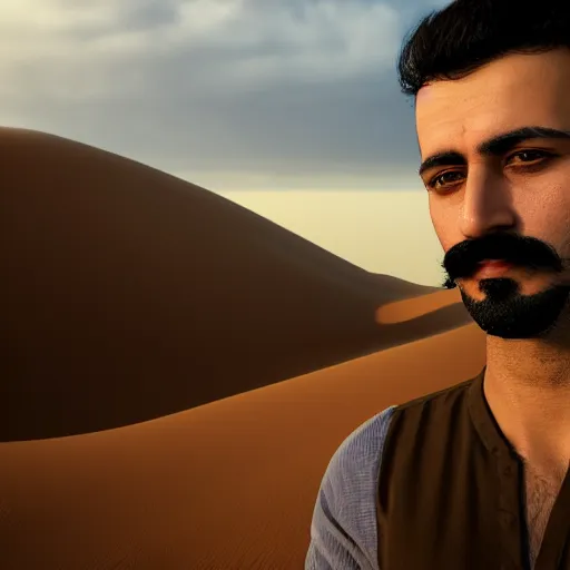 Image similar to real life photo of a Syrian man, short dark hair, goatee and moustache, blue watery eyes, full round face, short smile, serene desert setting, cinematic lightning, medium shot, mid-shot, highly detailed, trending on artstation, Unreal Engine 4k, 80mm, 85mm, cinematic wallpaper