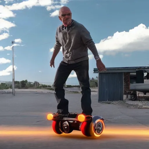 Image similar to Wide angle photo of walter white on a hoverboard with an exploding car behind him, color, cinematic lighting