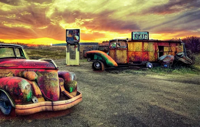 Image similar to A sunset light landscape with historical route66 made by Jheronimus Bosch, jugendstil, gustav klimt, lots of sparkling details and sun ray’s, blinding backlight, smoke, volumetric lighting, colorful, octane, 35 mm, abandoned gas station, old rusty pickup-truck, beautiful epic colored reflections, very colorful heavenly, light colors