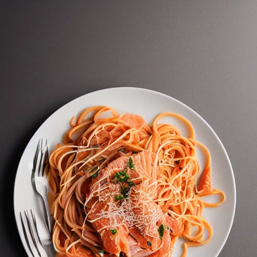 Prompt: spaghetti topped with a blend of smoked salmon and turkey, 8 k resolution, food photography, studio lighting, sharp focus, hyper - detailed