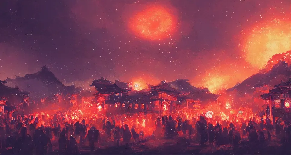 Prompt: craig mullins and ghibli digital art of zhongyuan festival in china ， red lanterns ， gohst door with fire in thes ky, black night sky, stars, below is the crowd, rivers, villages ， unreal engine, hyper realism, realistic shading, cinematic composition, realistic render, octane render, detailed textures, photorealistic, wide shot