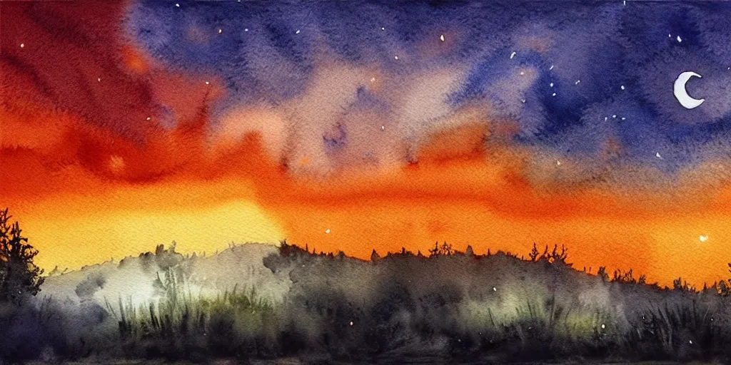 Prompt: nighttime nature landscape, watercolor, ultra realistic, highly detailed, hd, sharp focus, warm colors, realistic, vivid colors, painting, non blurry, sharp, smooth, illustration