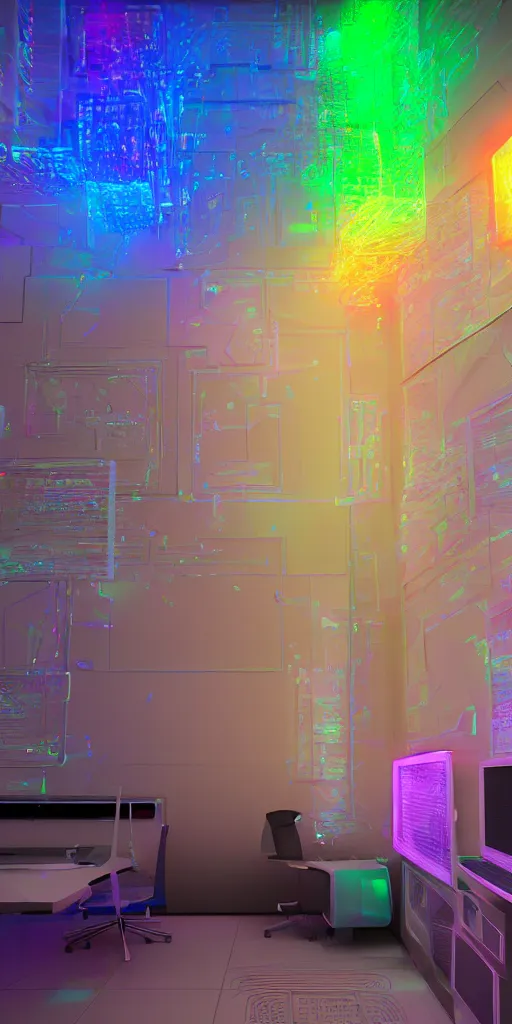 Image similar to a photorealistic futuristic 3D room with four walls covered with rainbow glowing CRT computer monitors with snowy screens embedded into the wall, Trending on artstation, cinematic lighting from the right, hyper realism, octane render, 8k, depth of field, 3D