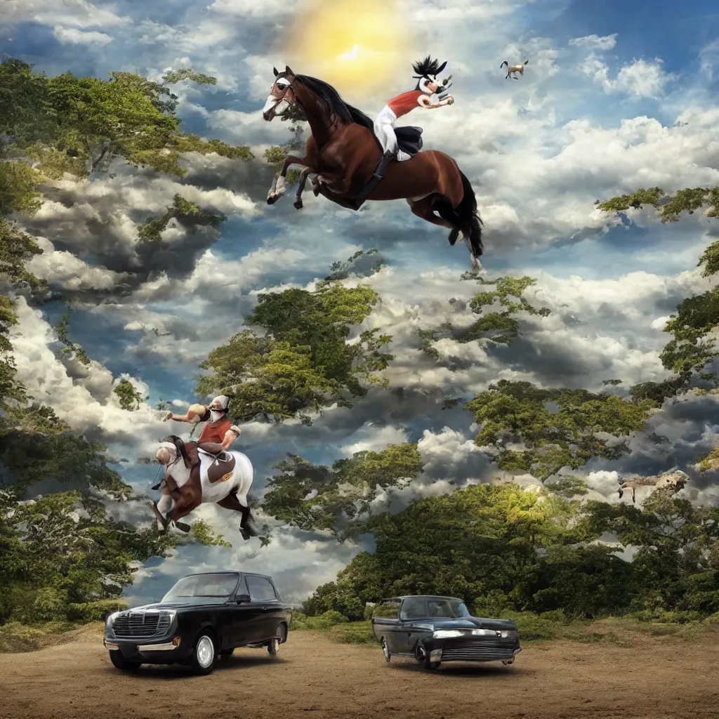 Prompt: a cartoon horse jumping over a hyperrealistic landscape in a car