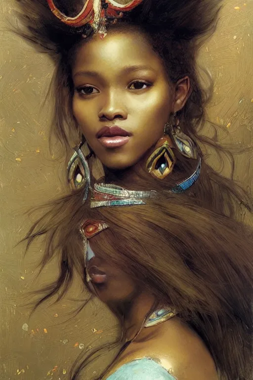 Prompt: a beautiful Zulu princess, hair flowing down, by Edgar Maxence and Ross Tran