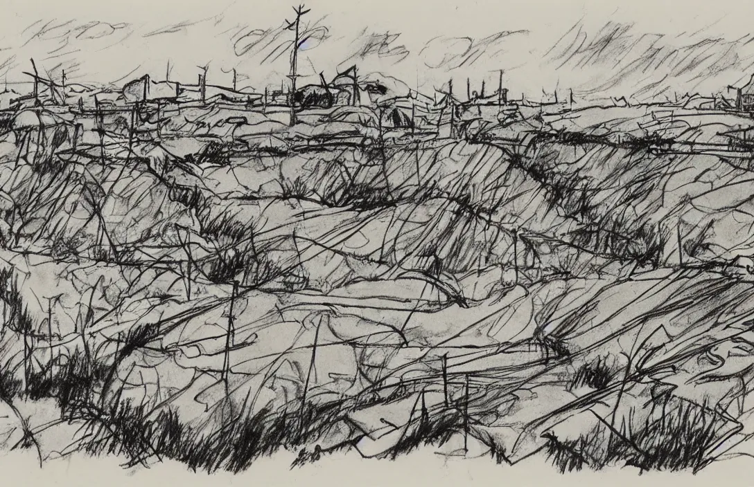 Image similar to milt kahl sketch of world war 1 trenches with the city of miami in the background