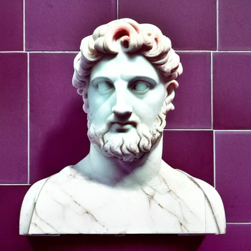 Prompt: a greco - roman marble bust sits on a pink and black checkerboard tile floor, a pink wall in the background with a framed photo of a cityscape at night, trending on bandcamp