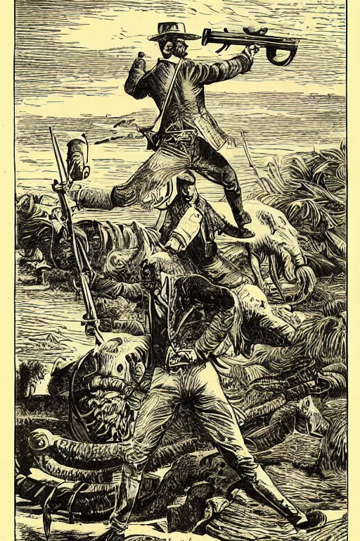 Prompt: 19th century wood-engraving of a lone British man point a musket at the back standing with his back turned to the viewer, mammoth running away in the background, whole page illustration from Jules Verne book, art by Édouard Riou Jules Férat and Henri de Montaut, high quality, beautiful, removed watermarks