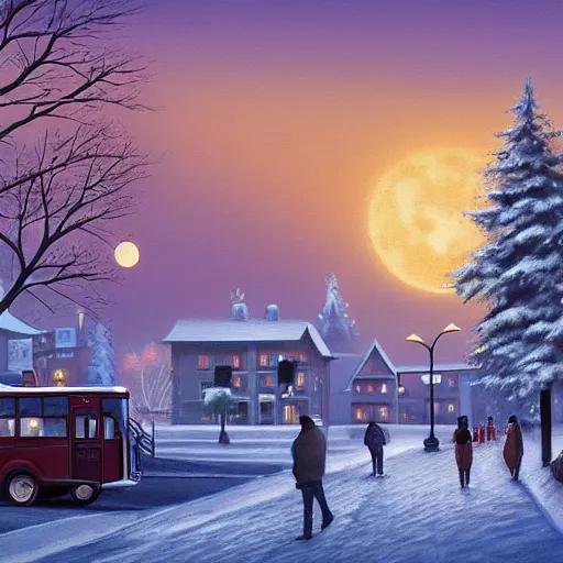 Image similar to winter town centre inspired by Evgeny Lushpin, Peter Zumthor,bus,people walking winter sunset,full moon,p