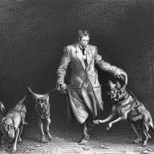 Image similar to a gentleman leading wild dogs on a leash, creepy, chiaroscuro, dark night, illustration by Gustave Doré,