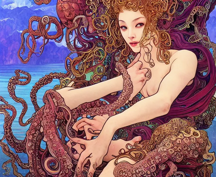 Image similar to portrait of an octopus goddess, full body shot, rule of thirds, wide angle, amazing landscape in background, fantasy, whimsical, horror, art by chengwei pan and alphonse mucha and josephine wall and amanda sage, intricately detailed, highly detailed, luxurious, elegant, clean, unsettling, trending on artstation