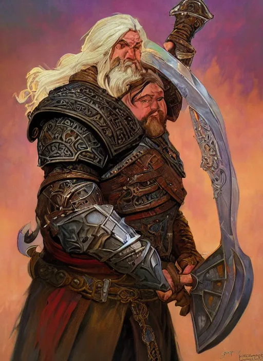 Image similar to Dwarven knight. Fantasy concept art. Epic painting by James Gurney, Azamat Khairov, and Alphonso Mucha. ArtstationHQ. painting with Vivid color. (Dragon age, witcher 3, lotr)
