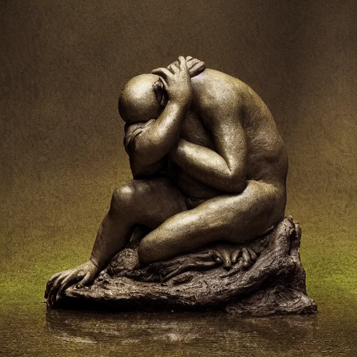 Image similar to toad philosopher The Thinker, swamp, by Auguste Rodin, symmetric, by Irving Penn, bokeh , top cinematic lighting , cinematic mood, very detailed, shot in canon, 8k ,