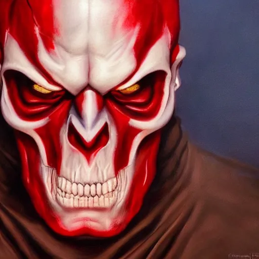 Image similar to ultra realistic portrait painting of red skull as voldemort, art by frank frazetta, 4 k, ultra realistic, highly detailed, epic lighting
