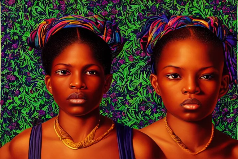 Image similar to a girl pirate with iridescent skin by kehinde wiley