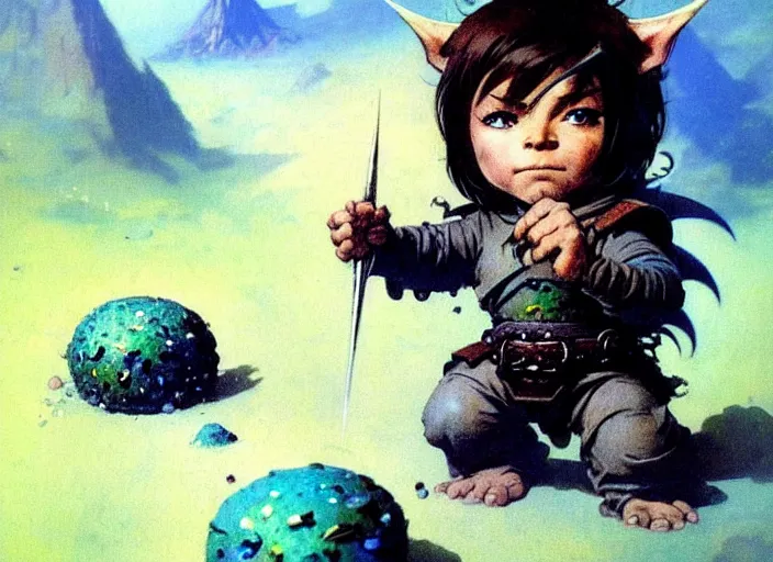 Image similar to magic : the gathering fantasy character concept art by franz frazetta, high resolution. a clear portrait of cute chibi riceballs, bouncing down a mountain path, rice granules scattered all around, fantasy coloring, intricate, digital painting, artstation, smooth, sharp focus
