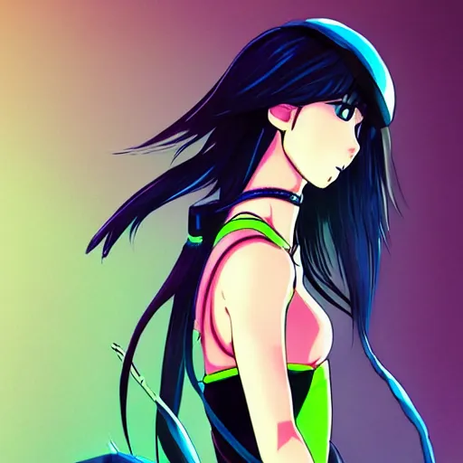 Prompt: upper body portrait of a beautiful girl with long Neon hair, wearing black riot gear, holding a whip, drawn by Makoto Shinkai, in the style of Studio Ghibli , attractive character, colored sketch anime manga panel, trending on Pixiv