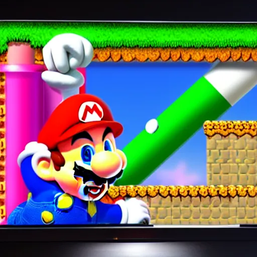 Prompt: super mario climbing out of a television screen