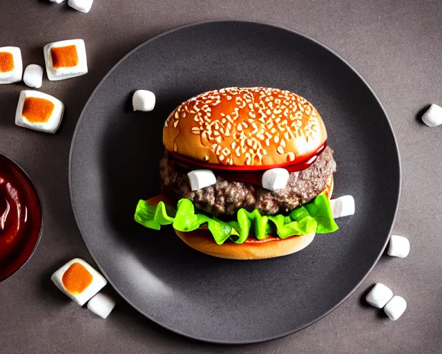 Image similar to dslr food photograph of burger with a few marshmallows in it, some chocolate sauce, 8 5 mm f 1. 4