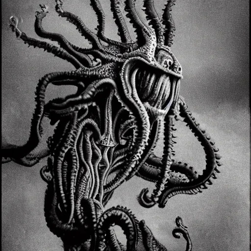 Prompt: a black and white photo of a lovecraftian creature