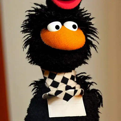 Image similar to a hyperrealistic portrait of the sesame street bert wearing a white lawyer's wig in a courtroom with a black unibrow and a black gawn, fuji film, intricate details. believable eyes. front on, symmetrical. head to shoulders shot.